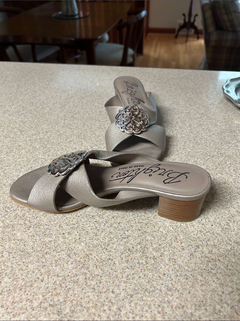 Brighton Pewter Metallic Cross-Strap Mules with Filigree Medallion